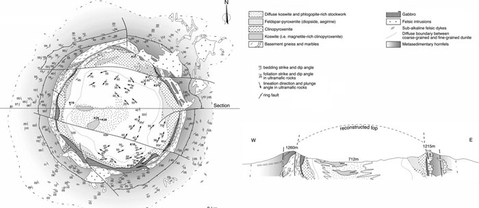 Şekil 1: Kondyor Masifi’ne ait jeolojik plan görüntüsü ve enine kesiti (Burg et al, 2008)