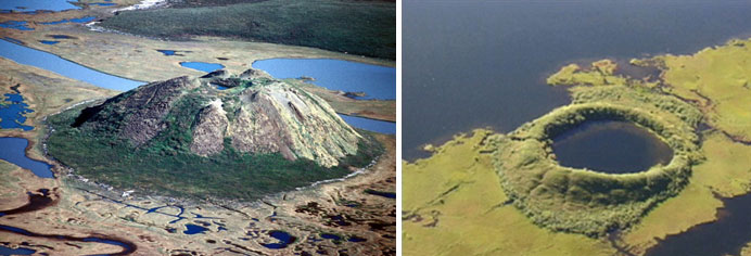 Solda: Kuzeybatı Kanada’da pingo. Sağda: Çökmüş pingo, Kanada  (3)